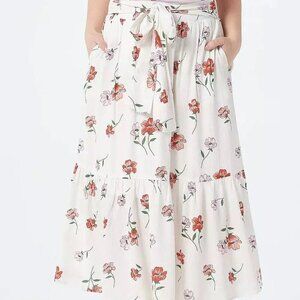 Gibson White Floral Crinkle Tiered Belted Midi Skirt in Size 3X